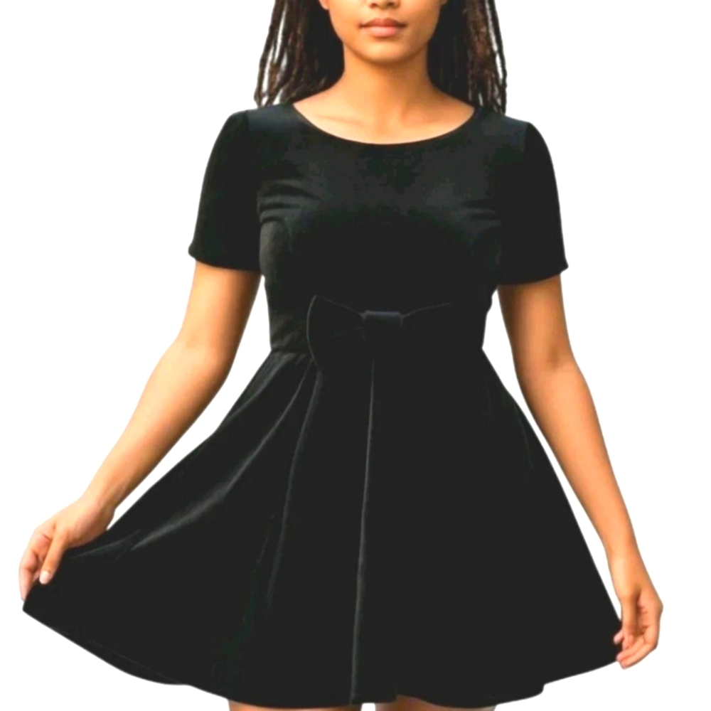 Orla Kiely Black Cotton Velvet Boat Neck Short Sleeve Pleated Cocktail Dress! 6